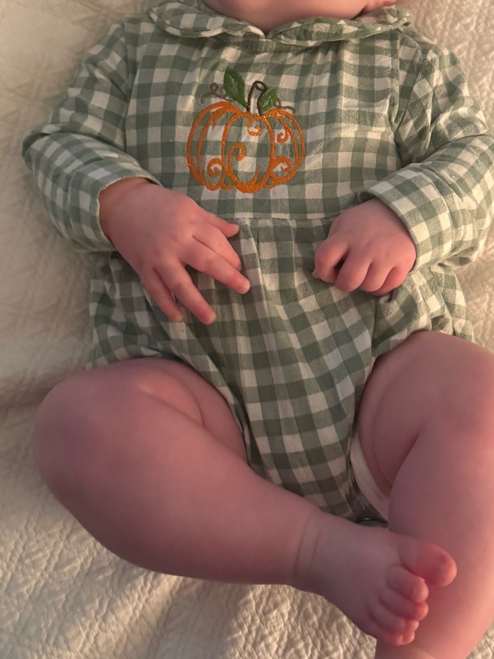 Green Gingham Pumpkin Appliqué Baby One-Piece
